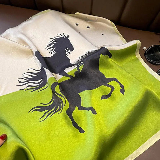 Green/Beige Patchwork Horse Print Silk Scarf