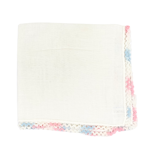 Vintage White With Blue & Pink Lace Border Hankie